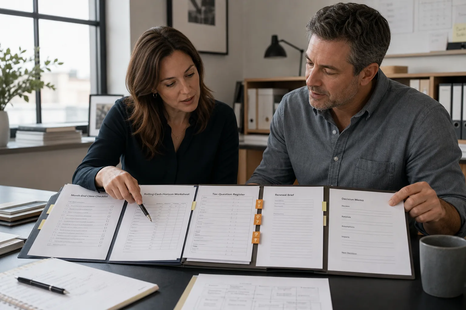 An owner and adviser review a decision packet spanning close, cash, tax, insurance, and next decisions.